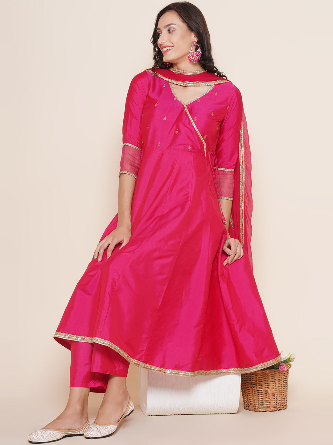 Hot Pink Angrakha Style Floral Kurta set – Indi Ethnics